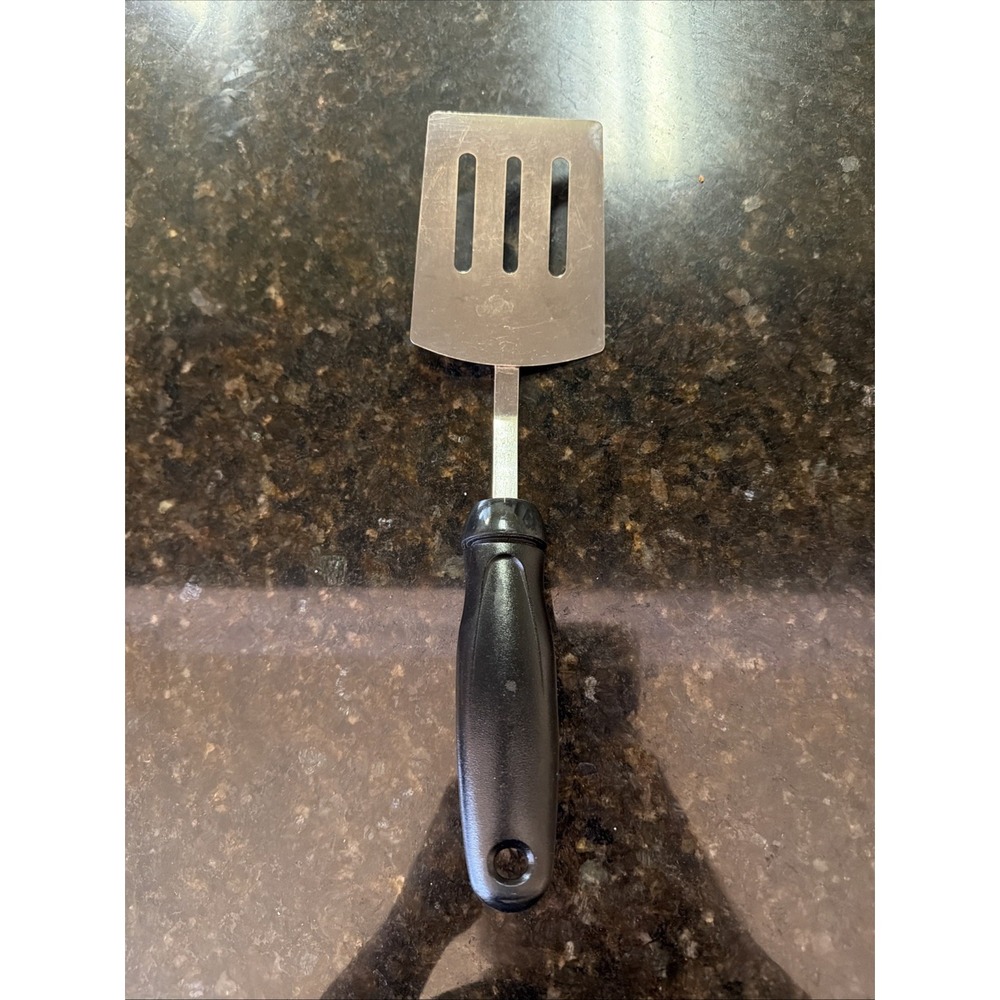 Vintage Metal Slotted Spatula Black Handle Serving Utensil 12 Inch